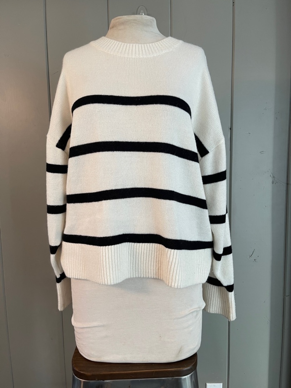 H&M Sweater Off White Black Striped Knit Pullover Minimalist Preppy Cottage